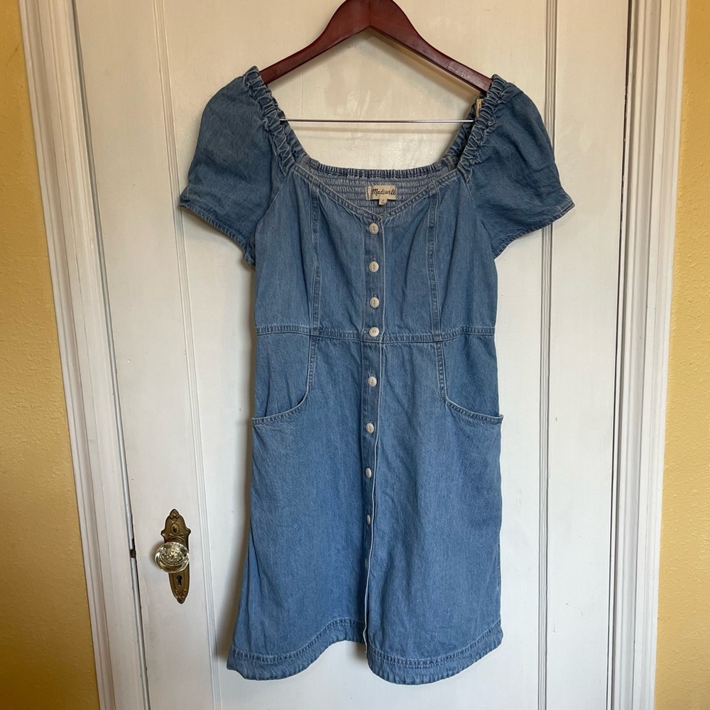 Madewell Denim Dress Womens Size 8 Mini Smocked Sweetheart Puff Sleeve Button Up